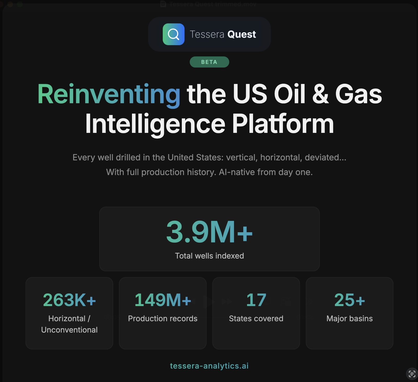 Tessera Quest beta: 3.9 million wells indexed, 263 thousand horizontal, 149 million production records, 17 states, 25 plus basins