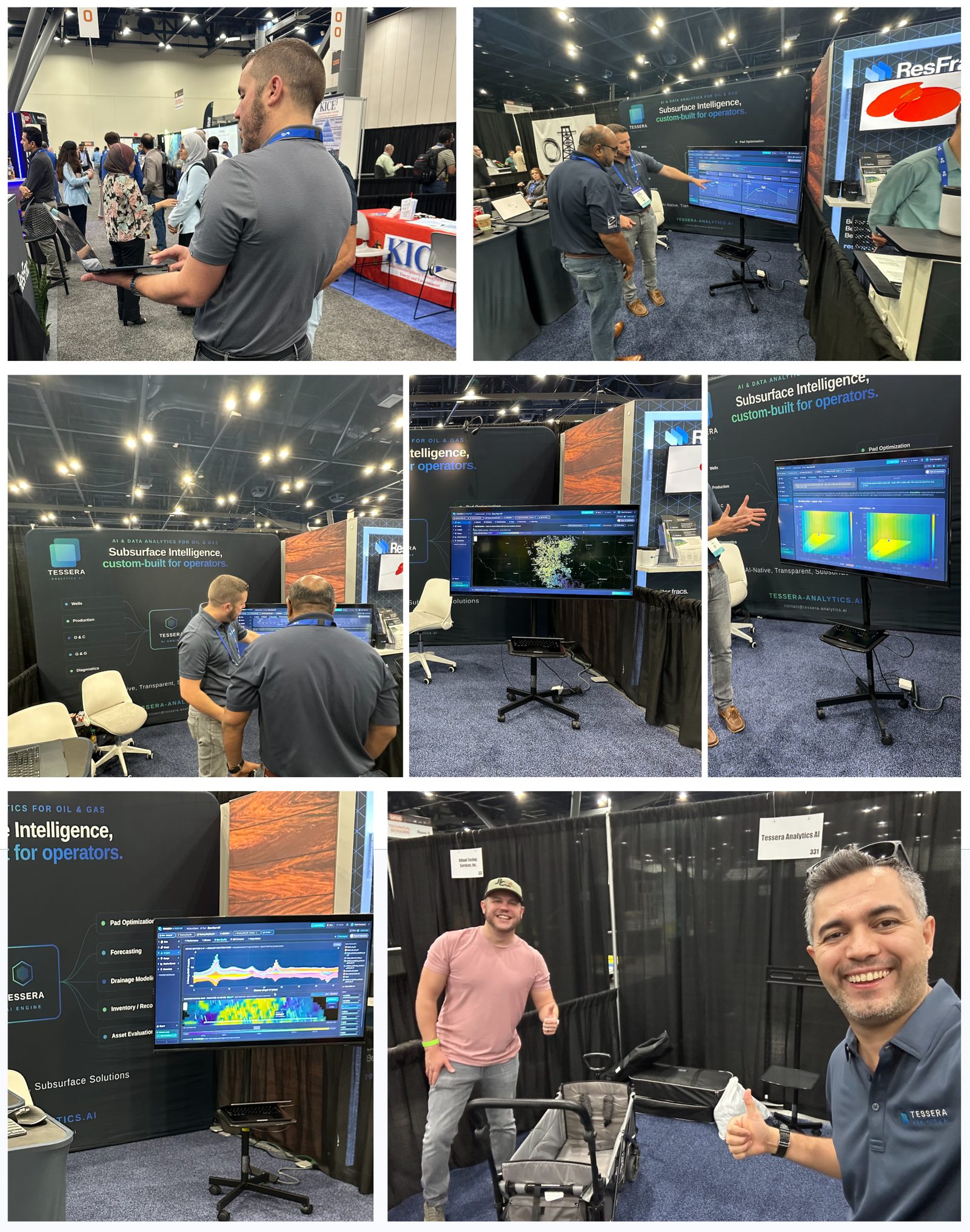 Collage of the Tessera booth at URTeC 2026 with live demos on screen